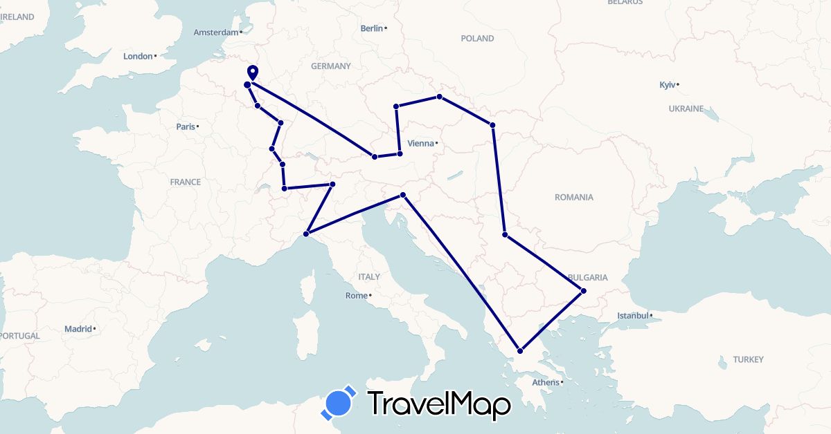 TravelMap itinerary: driving in Austria, Belgium, Bulgaria, Switzerland, Czech Republic, Germany, France, Greece, Italy, Luxembourg, Serbia, Slovenia, Slovakia (Europe)