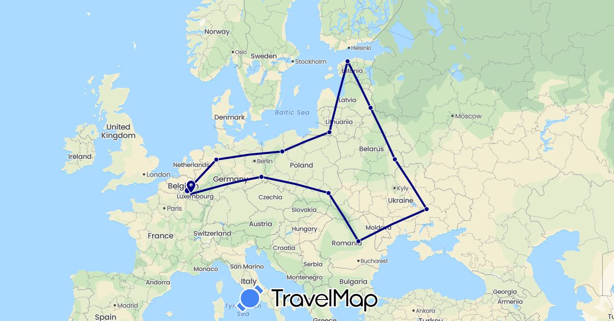 TravelMap itinerary: driving in Belgium, Belarus, Germany, Estonia, Latvia, Poland, Romania, Russia, Ukraine (Europe)
