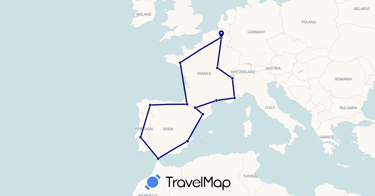 TravelMap itinerary: driving in Belgium, Spain, France, Portugal (Europe)
